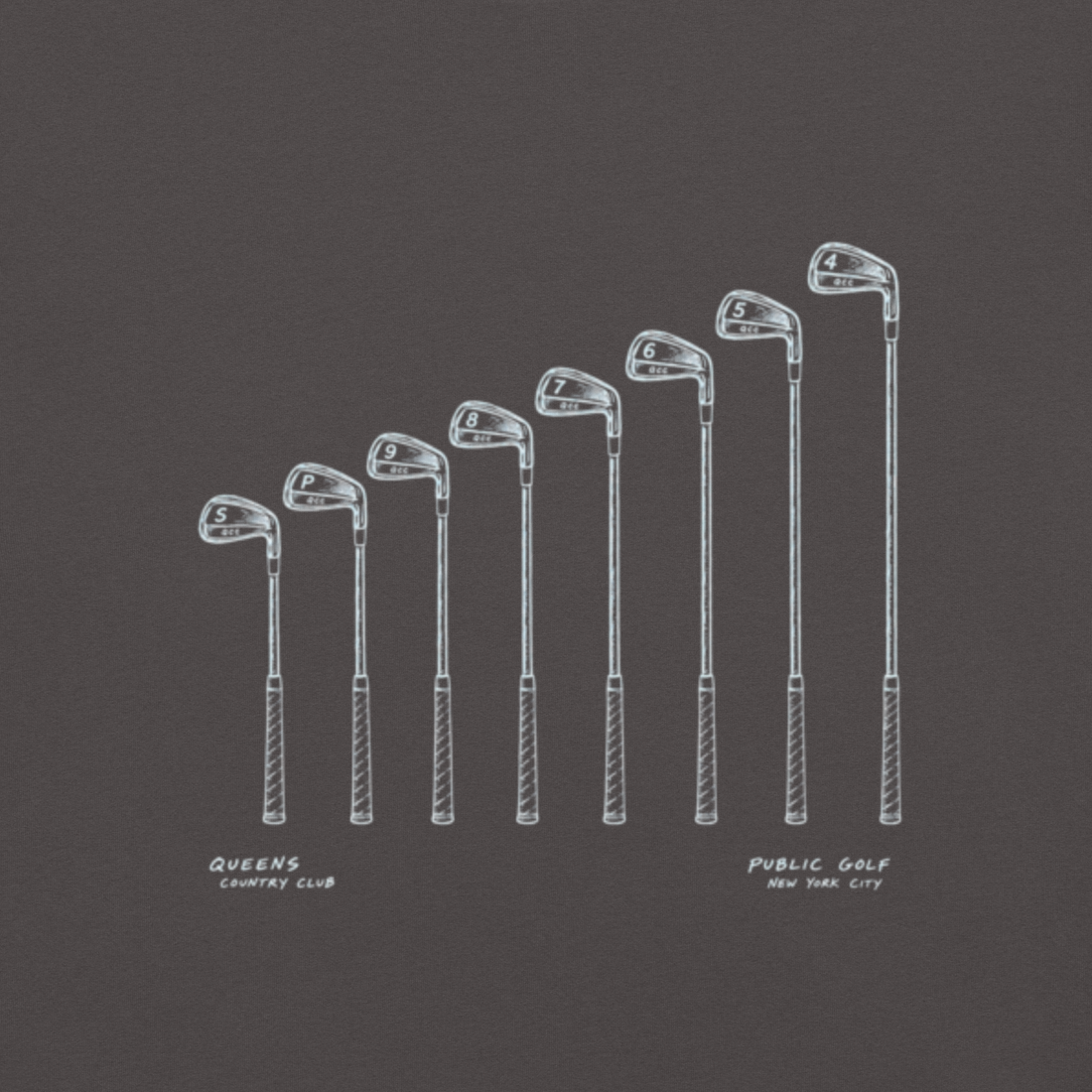 QCC Iron Lineup Tee in Graphite, back view showing sketched iron and wedge lineup.