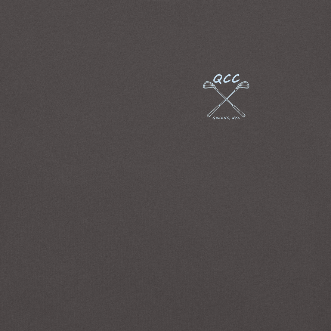 QCC Iron Lineup Tee in Graphite, front view showing QCC crossed-club chest emblem.