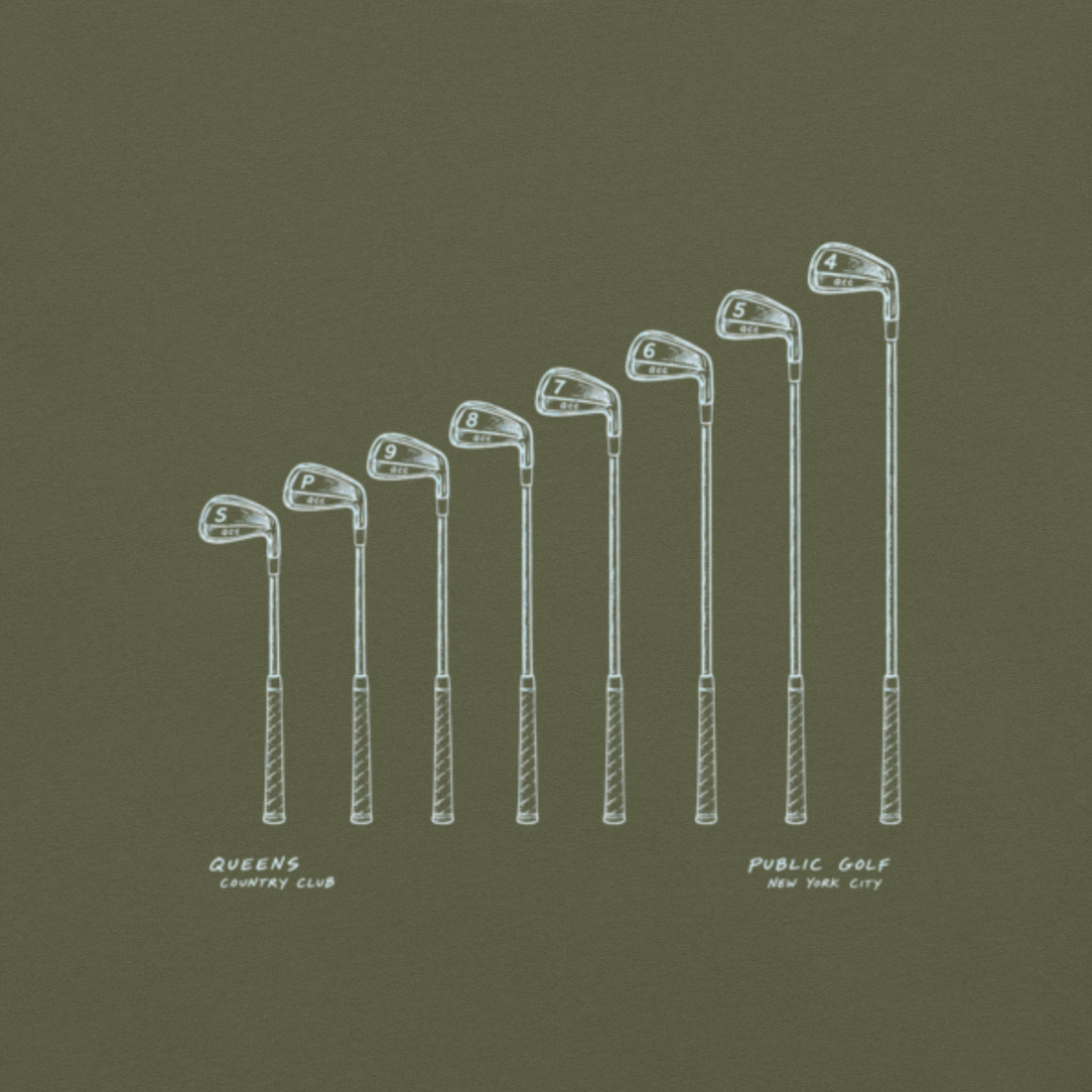 QCC Iron Lineup Tee in Hemp, back view showing sketched iron and wedge lineup.