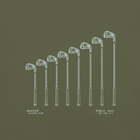 QCC Iron Lineup Tee in Hemp, back view showing sketched iron and wedge lineup.