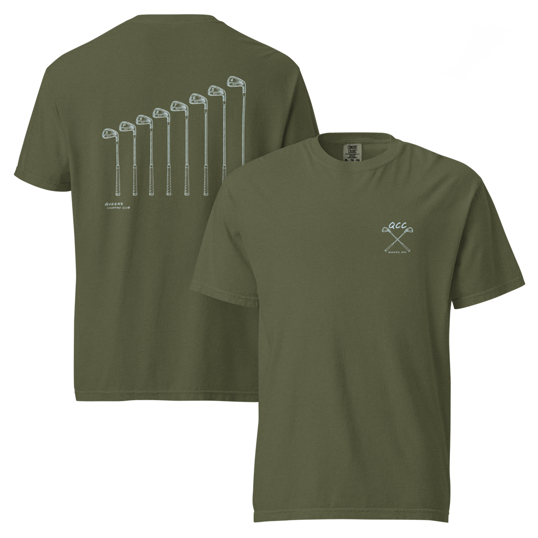 QCC Iron Lineup Tee in Hemp, front and back view showing QCC crossed-club chest emblem and sketched iron lineup on the back.