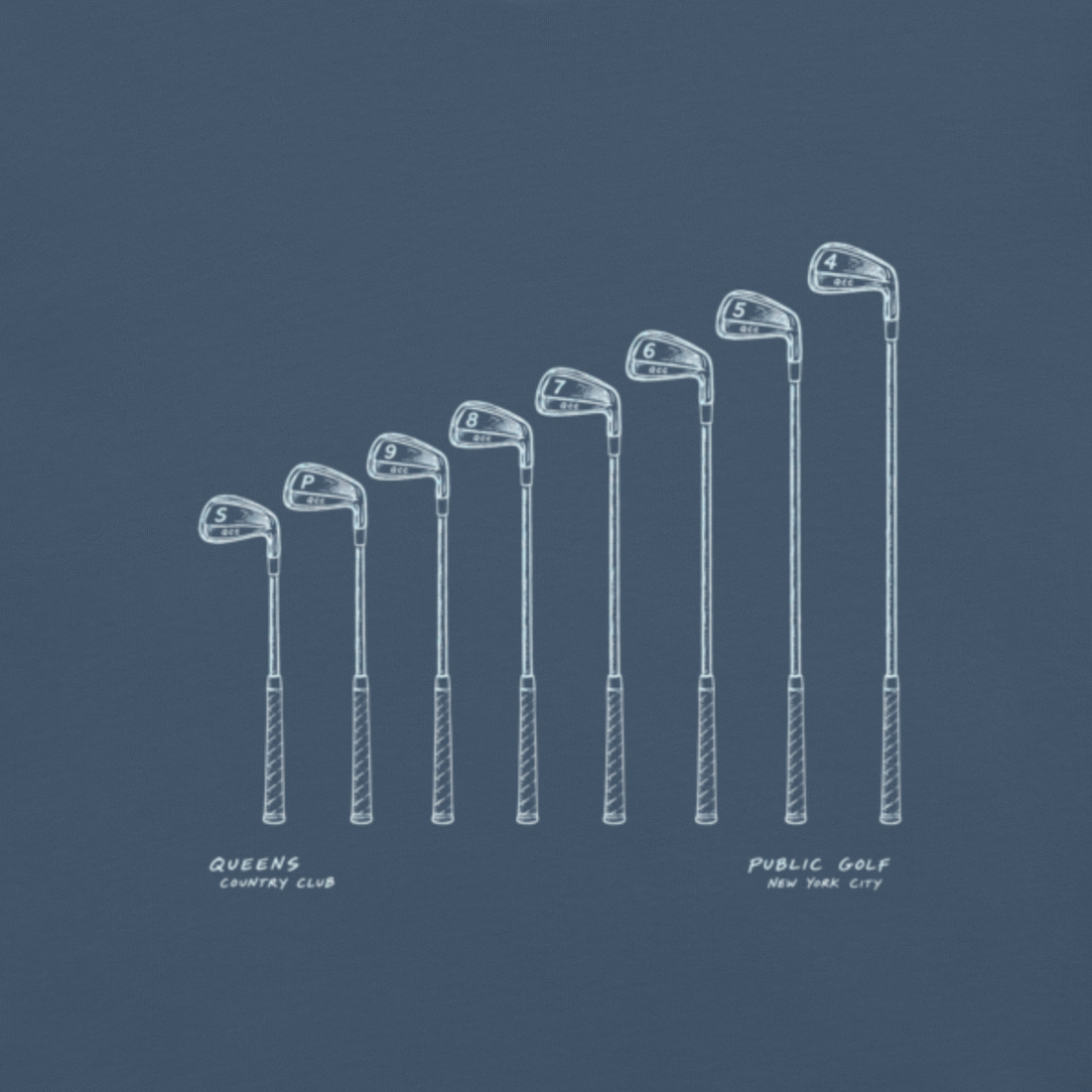 QCC Iron Lineup Tee in Midnight, back view showing sketched iron and wedge lineup.