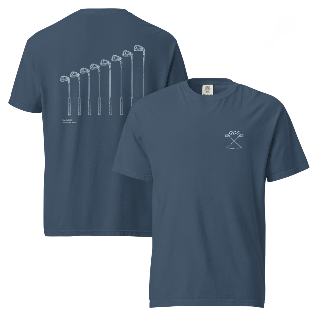QCC Iron Lineup Tee in Midnight, front and back view showing QCC crossed-club chest emblem and sketched iron lineup on the back.