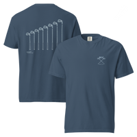 QCC Iron Lineup Tee in Midnight, front and back view showing QCC crossed-club chest emblem and sketched iron lineup on the back.