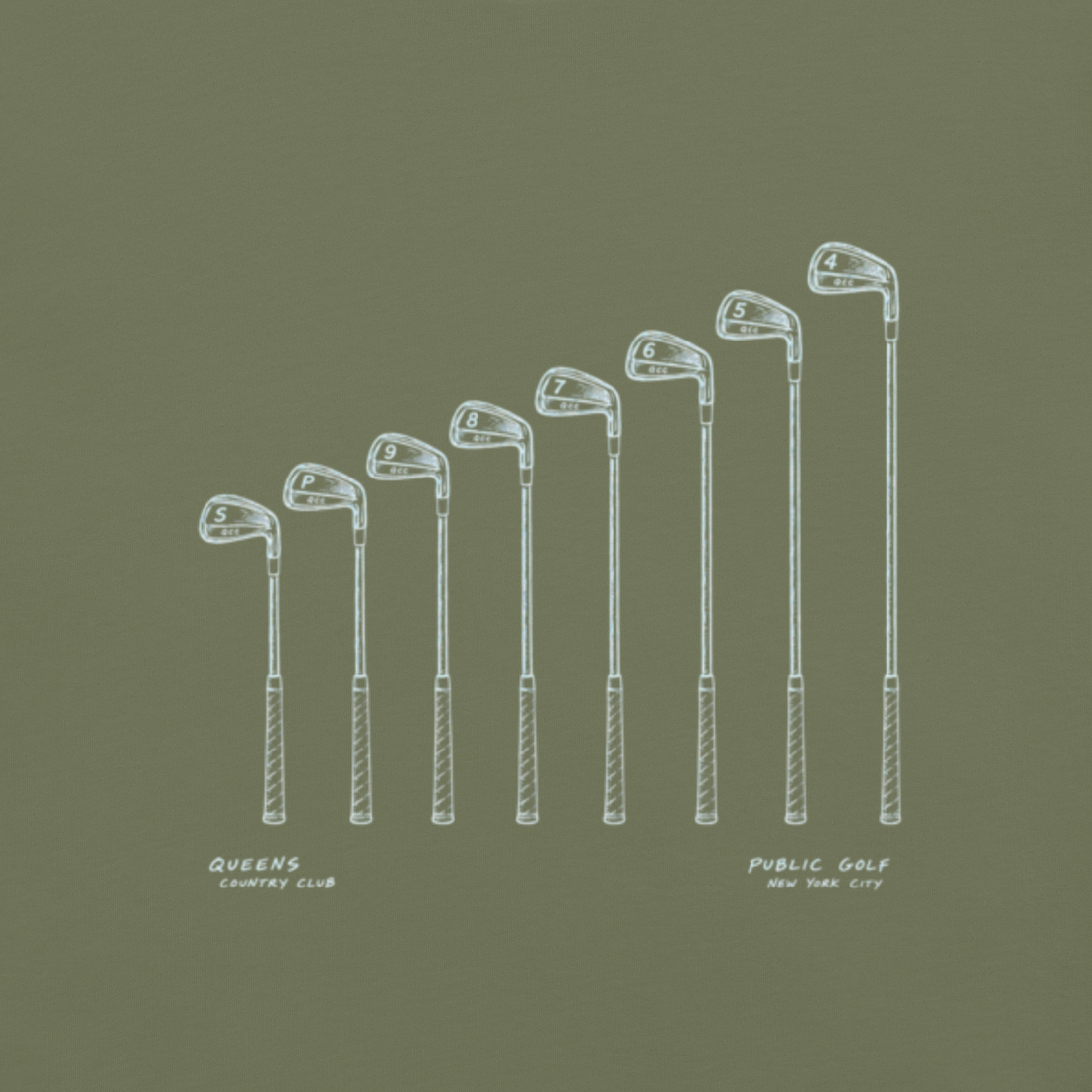 QCC Iron Lineup Tee in Moss, back view showing sketched iron and wedge lineup.