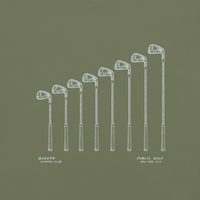 QCC Iron Lineup Tee in Moss, back view showing sketched iron and wedge lineup.