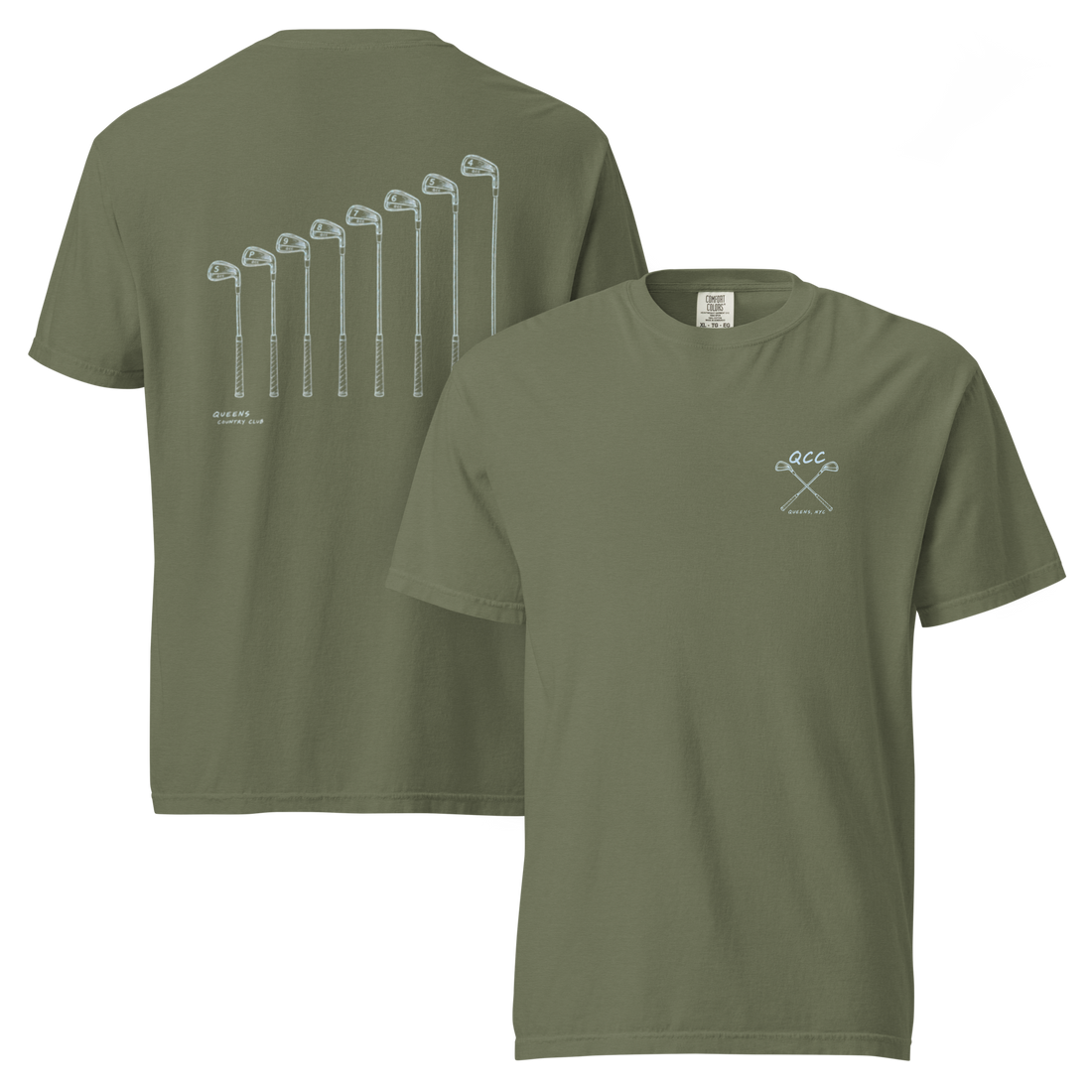 QCC Iron Lineup Tee in Moss, front and back view showing QCC crossed-club chest emblem and sketched iron lineup on the back.