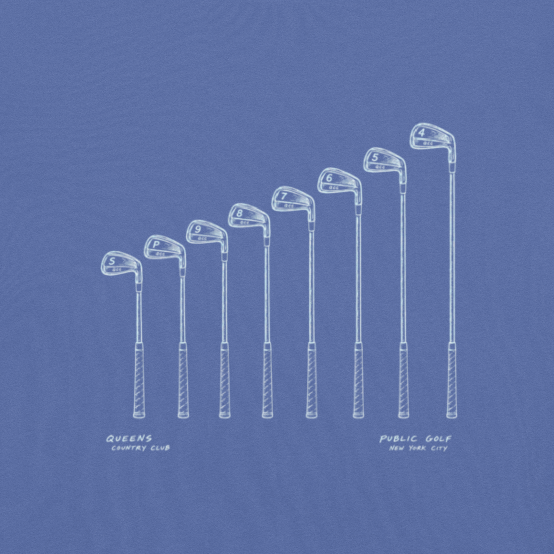 QCC Iron Lineup Tee in Mystic Blue, back view showing sketched iron and wedge lineup.