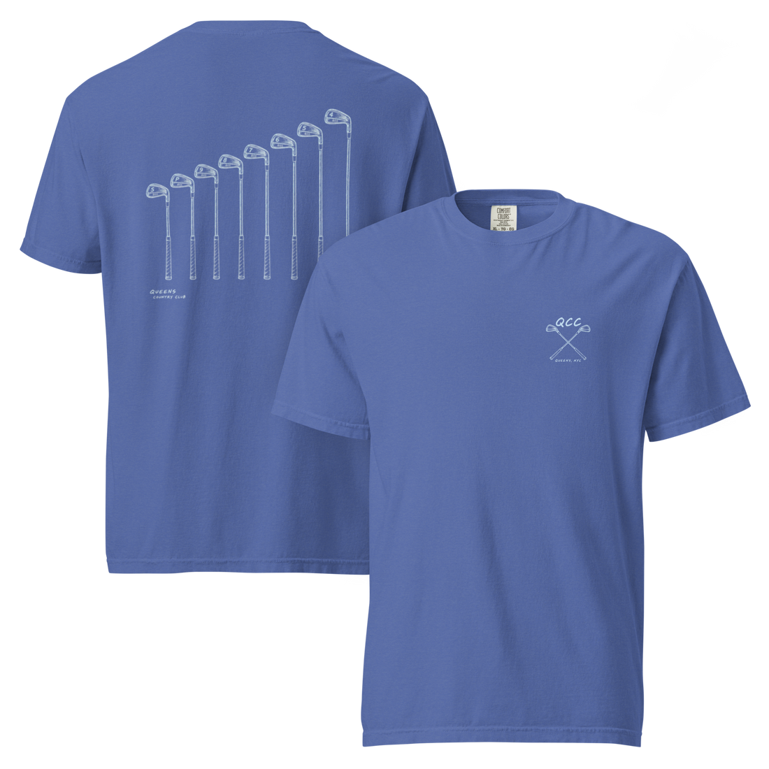 QCC Iron Lineup Tee in Mystic Blue, front and back view showing QCC crossed-club chest emblem and sketched iron lineup on the back.