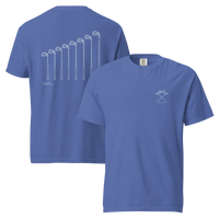 QCC Iron Lineup Tee in Mystic Blue, front and back view showing QCC crossed-club chest emblem and sketched iron lineup on the back.