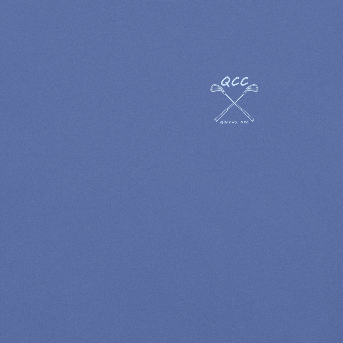 QCC Iron Lineup Tee in Mystic Blue, front view showing QCC crossed-club chest emblem.
