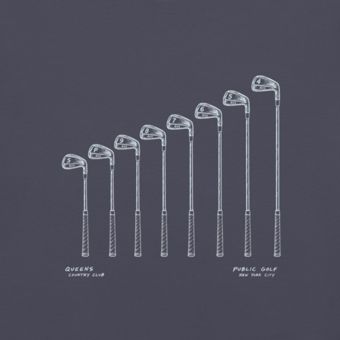 QCC Iron Lineup Tee in Navy, back view showing sketched iron and wedge lineup.
