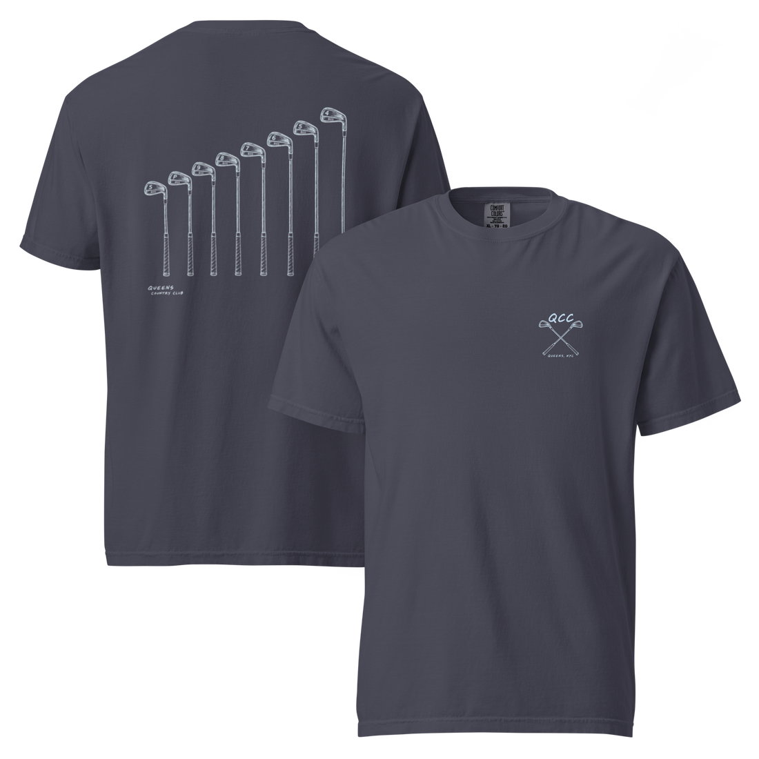QCC Iron Lineup Tee in Navy, front and back view showing QCC crossed-club chest emblem and sketched iron lineup on the back.