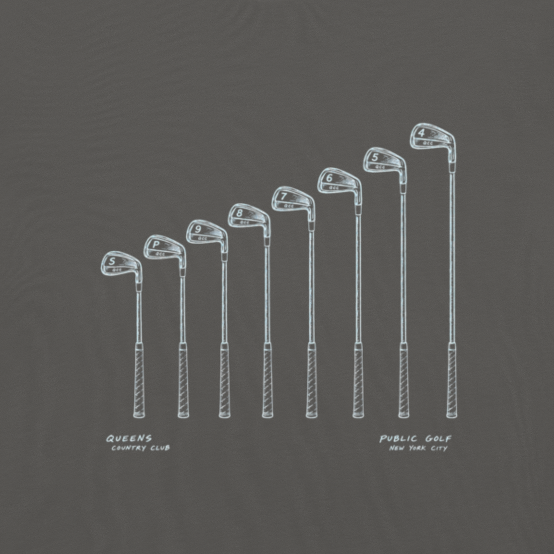 QCC Iron Lineup Tee in Pepper, back view showing sketched iron and wedge lineup.