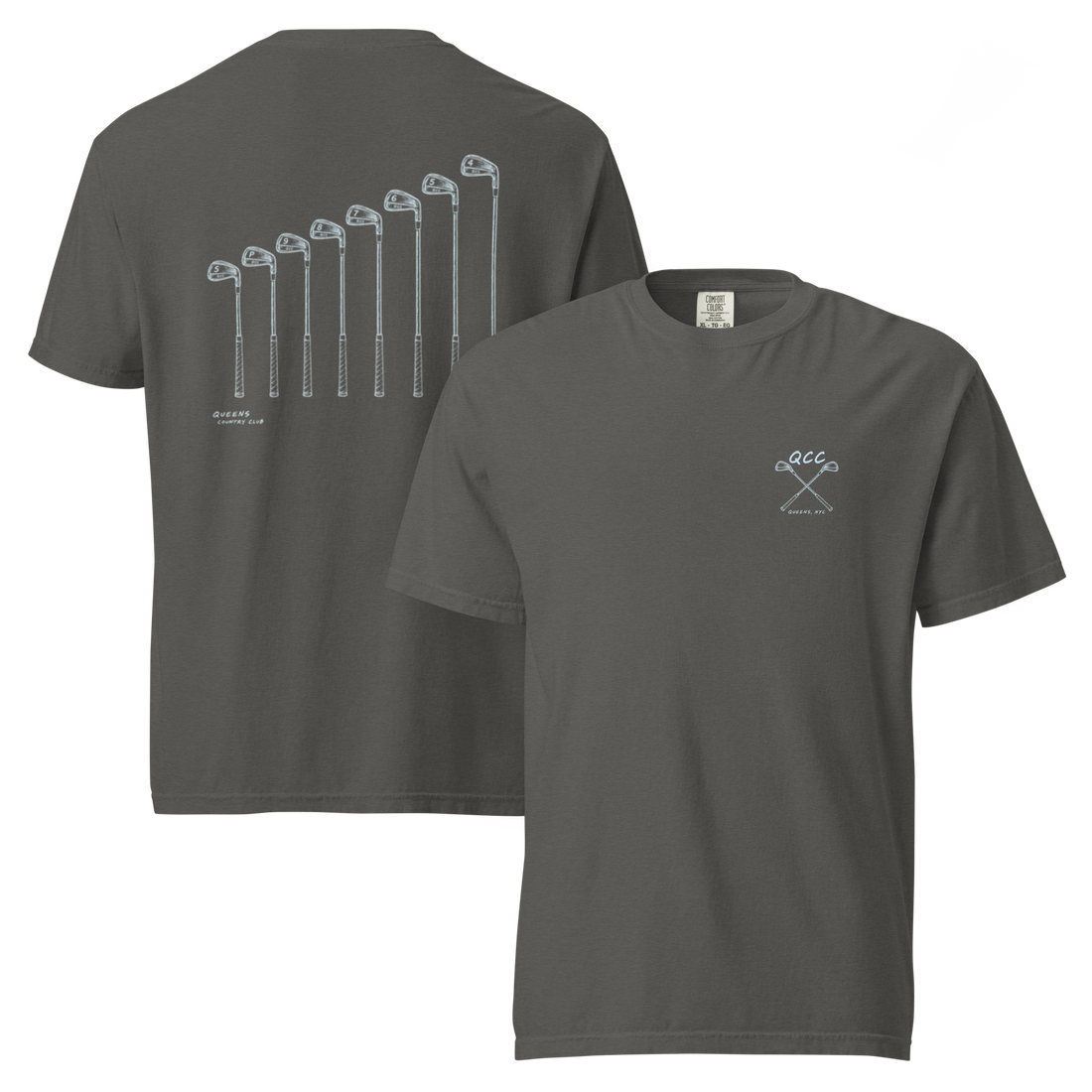 QCC Iron Lineup Tee in Pepper, front and back view showing QCC crossed-club chest emblem and sketched iron lineup on the back.