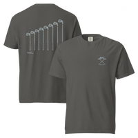QCC Iron Lineup Tee in Pepper, front and back view showing QCC crossed-club chest emblem and sketched iron lineup on the back.