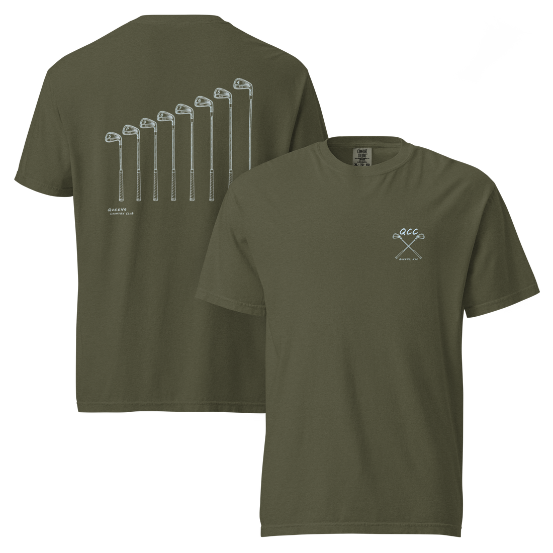 QCC Iron Lineup Tee in Sage, front and back view showing QCC crossed-club chest emblem and sketched iron lineup on the back.