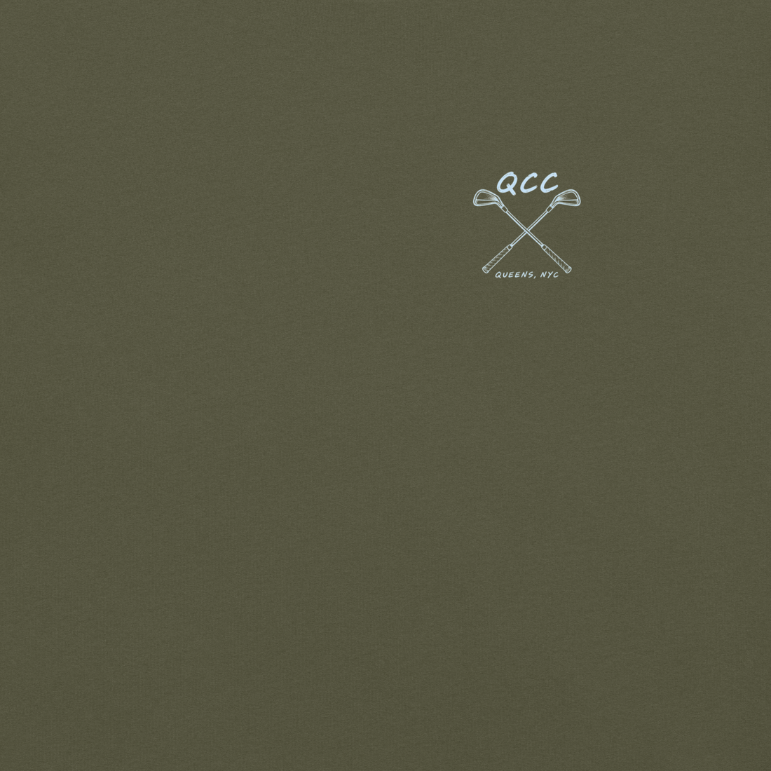 QCC Iron Lineup Tee in Sage, front view showing QCC crossed-club chest emblem.