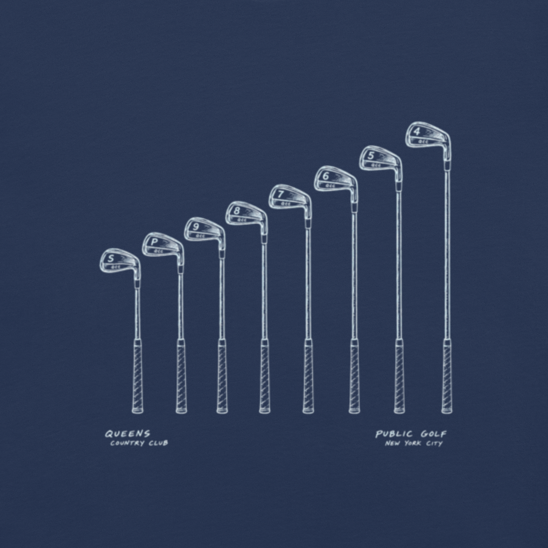 QCC Iron Lineup Tee in True Navy, back view showing sketched iron and wedge lineup.