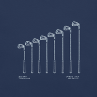 QCC Iron Lineup Tee in True Navy, back view showing sketched iron and wedge lineup.