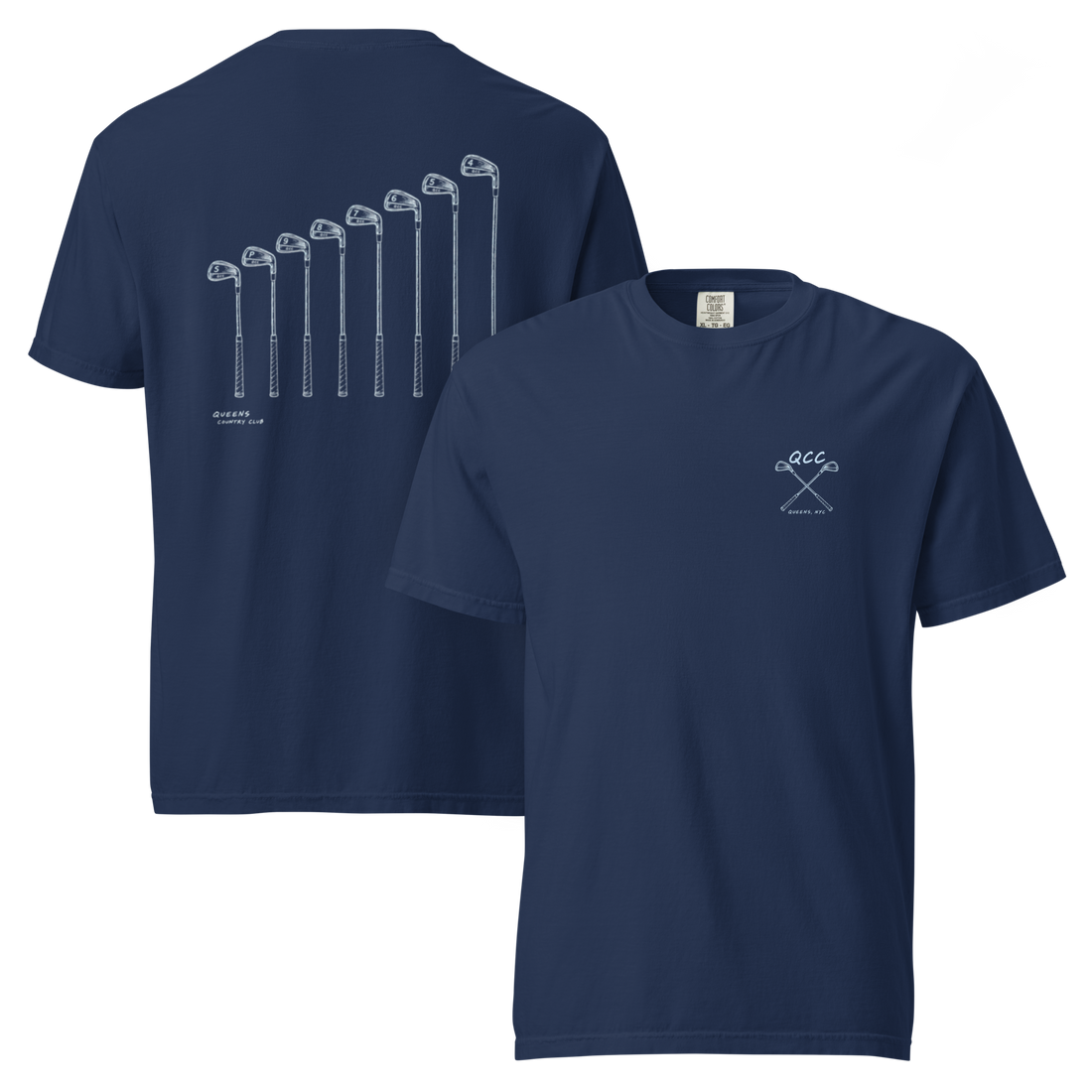 QCC Iron Lineup Tee in True Navy, front and back view showing QCC crossed-club chest emblem and sketched iron lineup on the back.
