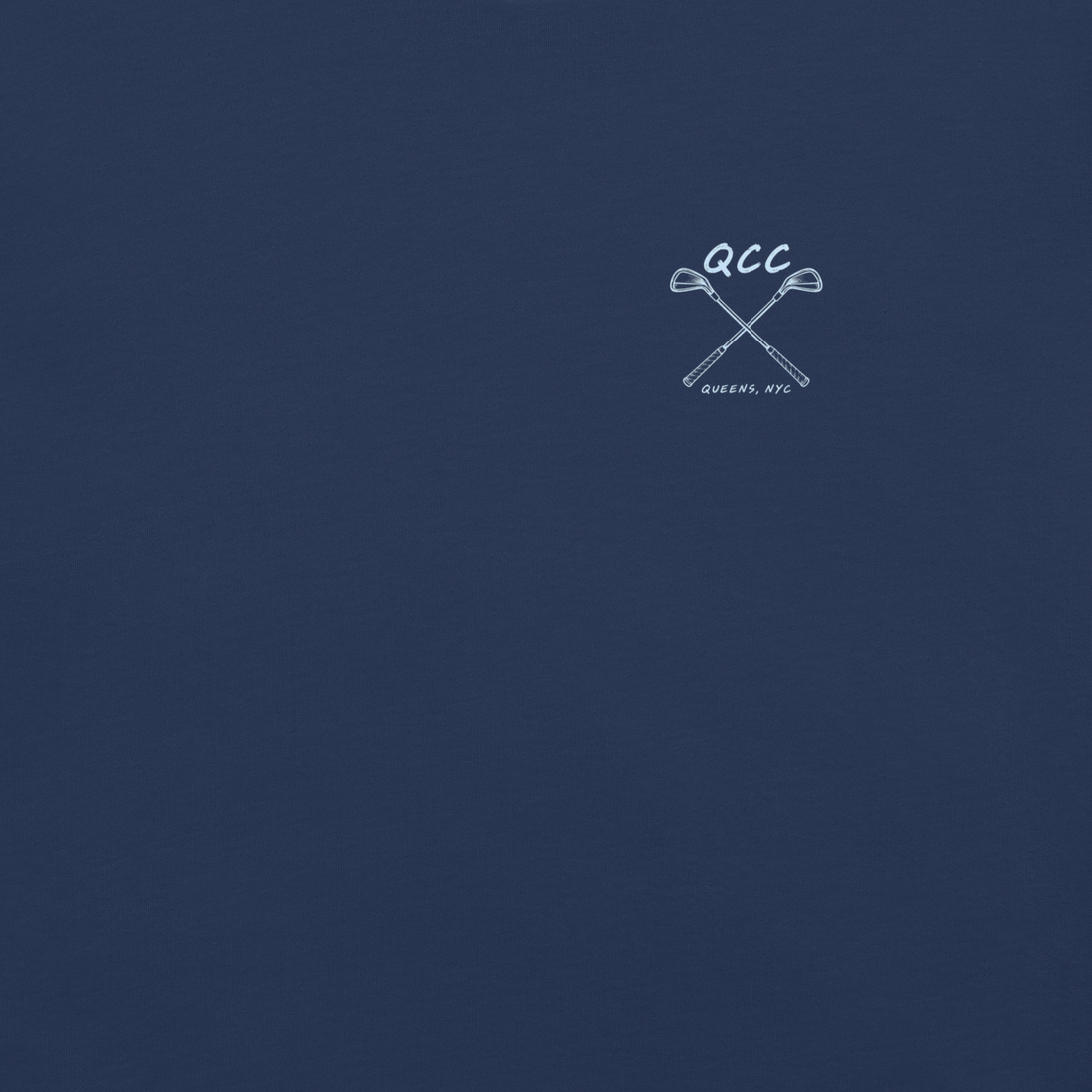 QCC Iron Lineup Tee in True Navy, front view showing QCC crossed-club chest emblem.