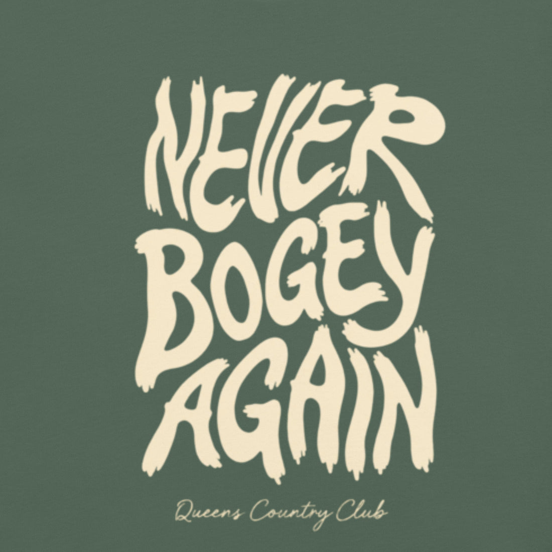 Back view of Blue Spruce Never Bogey Again heavyweight T-shirt with cream Queens Country Club graphic