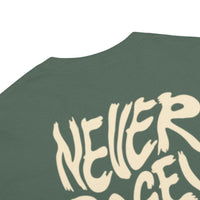 Close-up detail of Blue Spruce Never Bogey Again heavyweight T-shirt with cream graphic