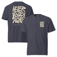 Navy Never Bogey Again heavyweight T-shirt with cream Queens Country Club graphic, front and back views