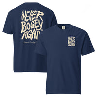 True Navy Never Bogey Again heavyweight T-shirt with cream Queens Country Club graphic, front and back views