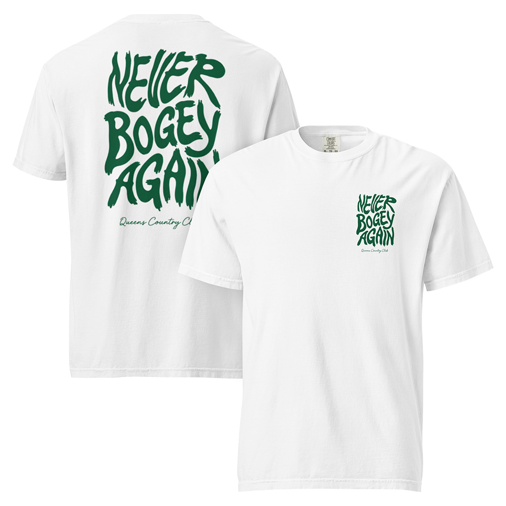 Never Bogey Again Green Print in White – back view, Queens golf product by Queens Country Club