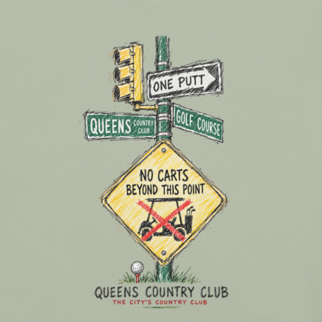 QCC No Carts Beyond This Point Tee in Bay, back view showing No Carts Beyond This Point sign and traffic-light illustration.