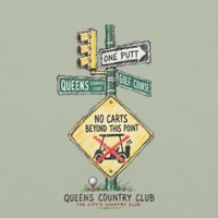 QCC No Carts Beyond This Point Tee in Bay, back view showing No Carts Beyond This Point sign and traffic-light illustration.