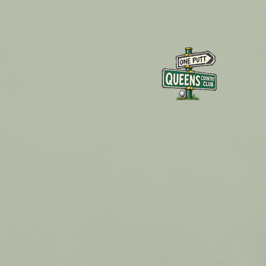 QCC No Carts Beyond This Point Tee in Bay, front view showing One Putt and Queens street-sign chest graphic.