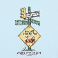 QCC No Carts Beyond This Point Tee in Chambray, back view showing No Carts Beyond This Point sign and traffic-light illustration.