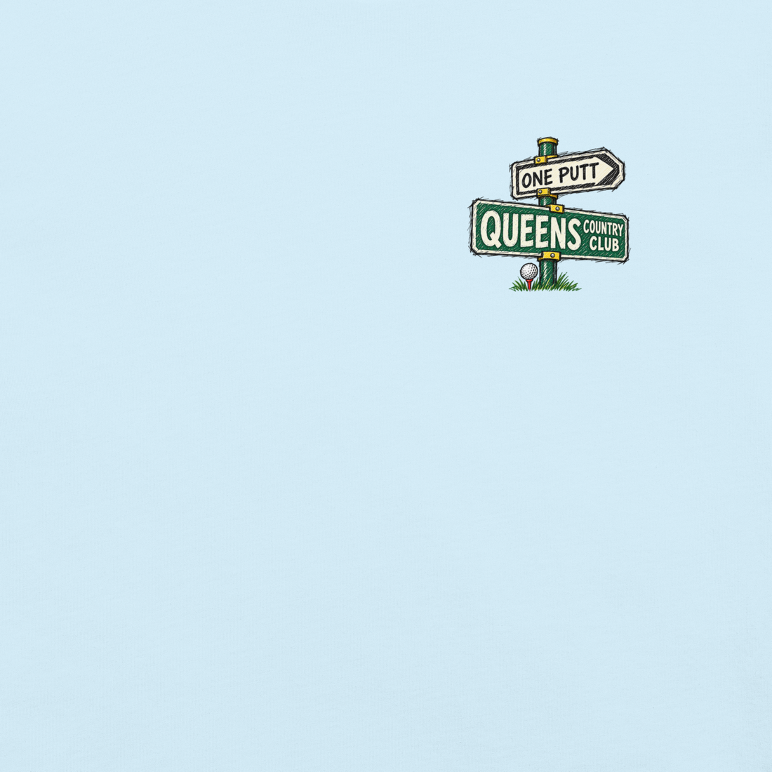 QCC No Carts Beyond This Point Tee in Chambray, front view showing One Putt and Queens street-sign chest graphic.