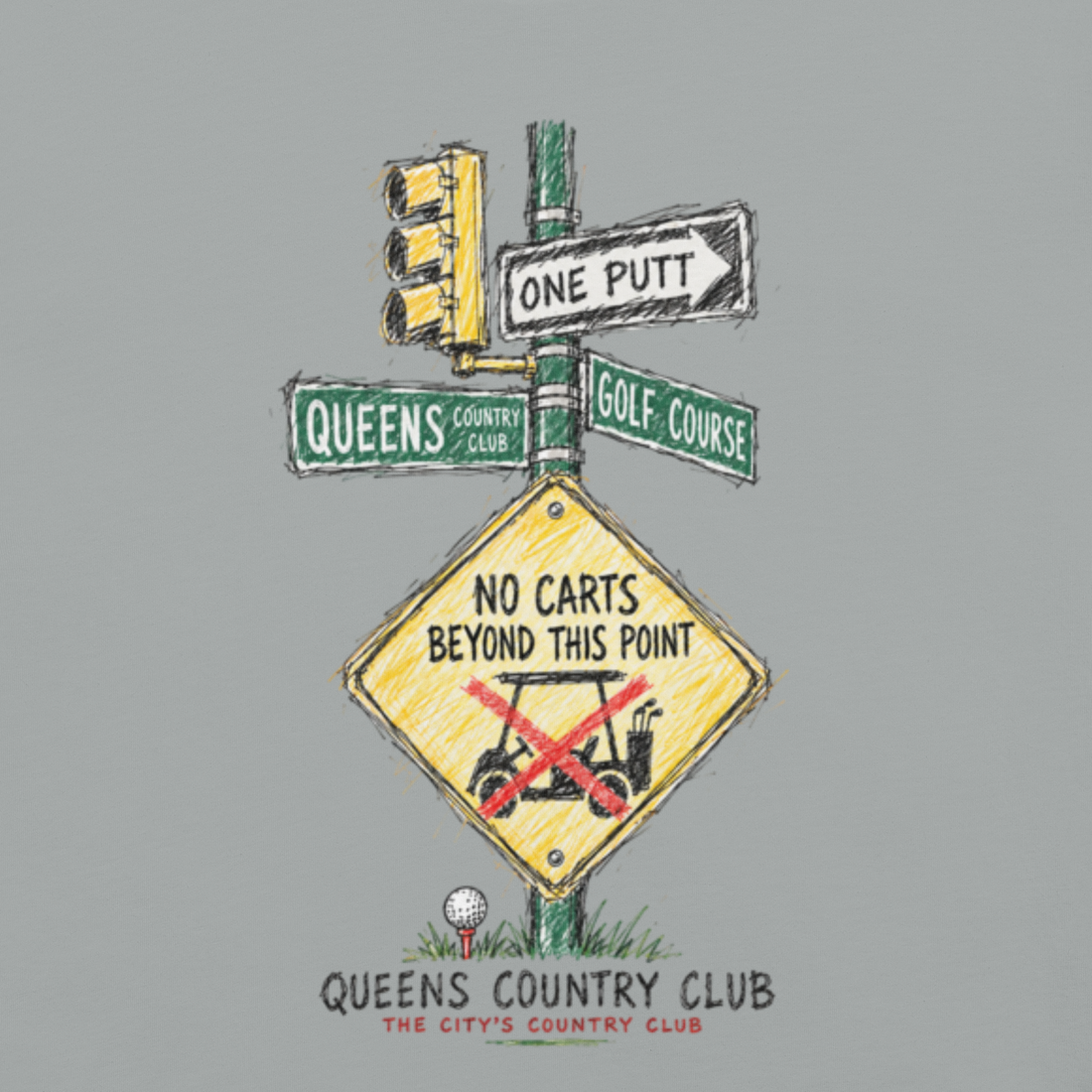 QCC No Carts Beyond This Point Tee in Granite, back view showing No Carts Beyond This Point sign and traffic-light illustration.