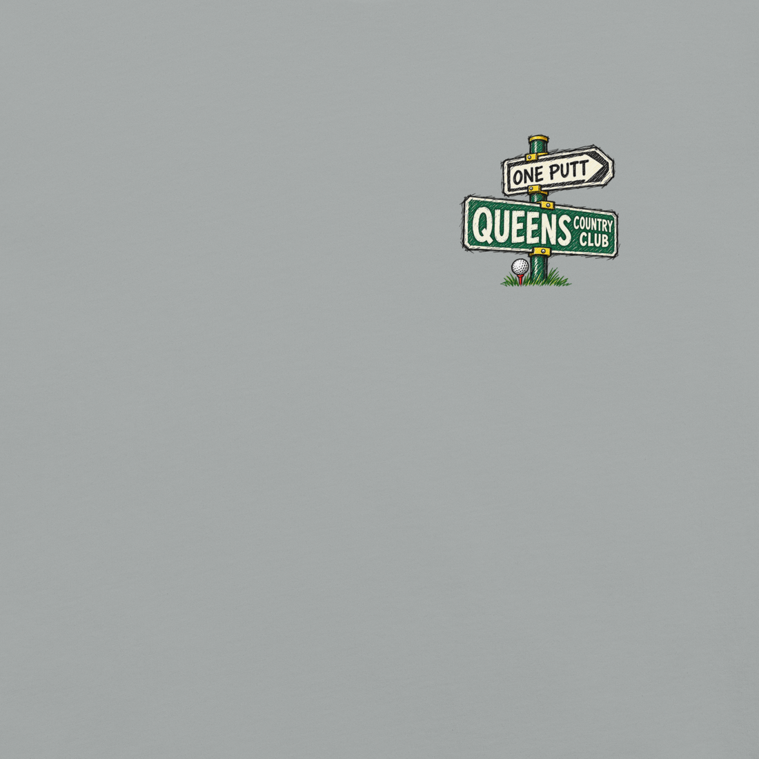 QCC No Carts Beyond This Point Tee in Granite, front view showing One Putt and Queens street-sign chest graphic.