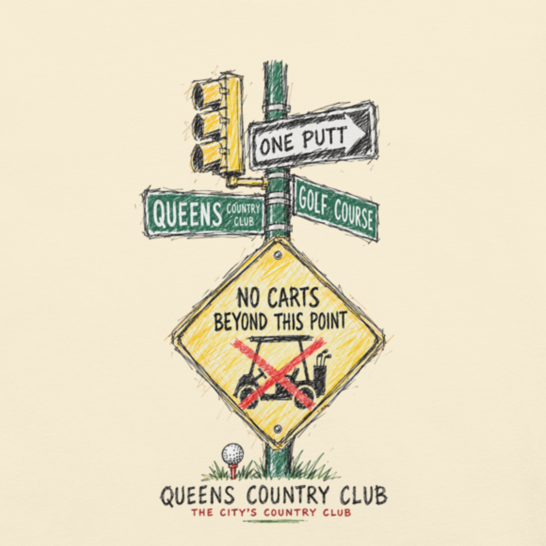 QCC No Carts Beyond This Point Tee in Ivory, back view showing No Carts Beyond This Point sign and traffic-light illustration.