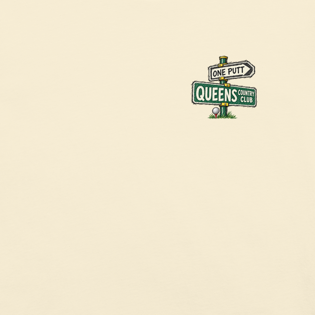 QCC No Carts Beyond This Point Tee in Ivory, front view showing One Putt and Queens street-sign chest graphic.
