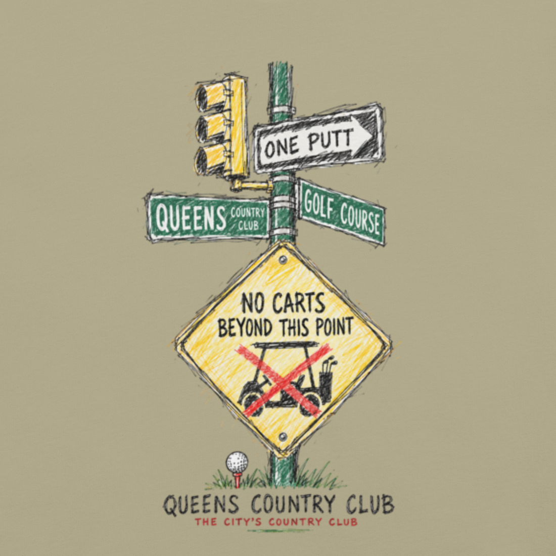 QCC No Carts Beyond This Point Tee in Khaki, back view showing No Carts Beyond This Point sign and traffic-light illustration.