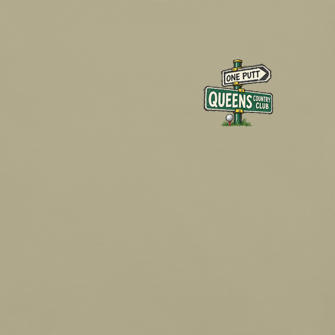 QCC No Carts Beyond This Point Tee in Khaki, front view showing One Putt and Queens street-sign chest graphic.