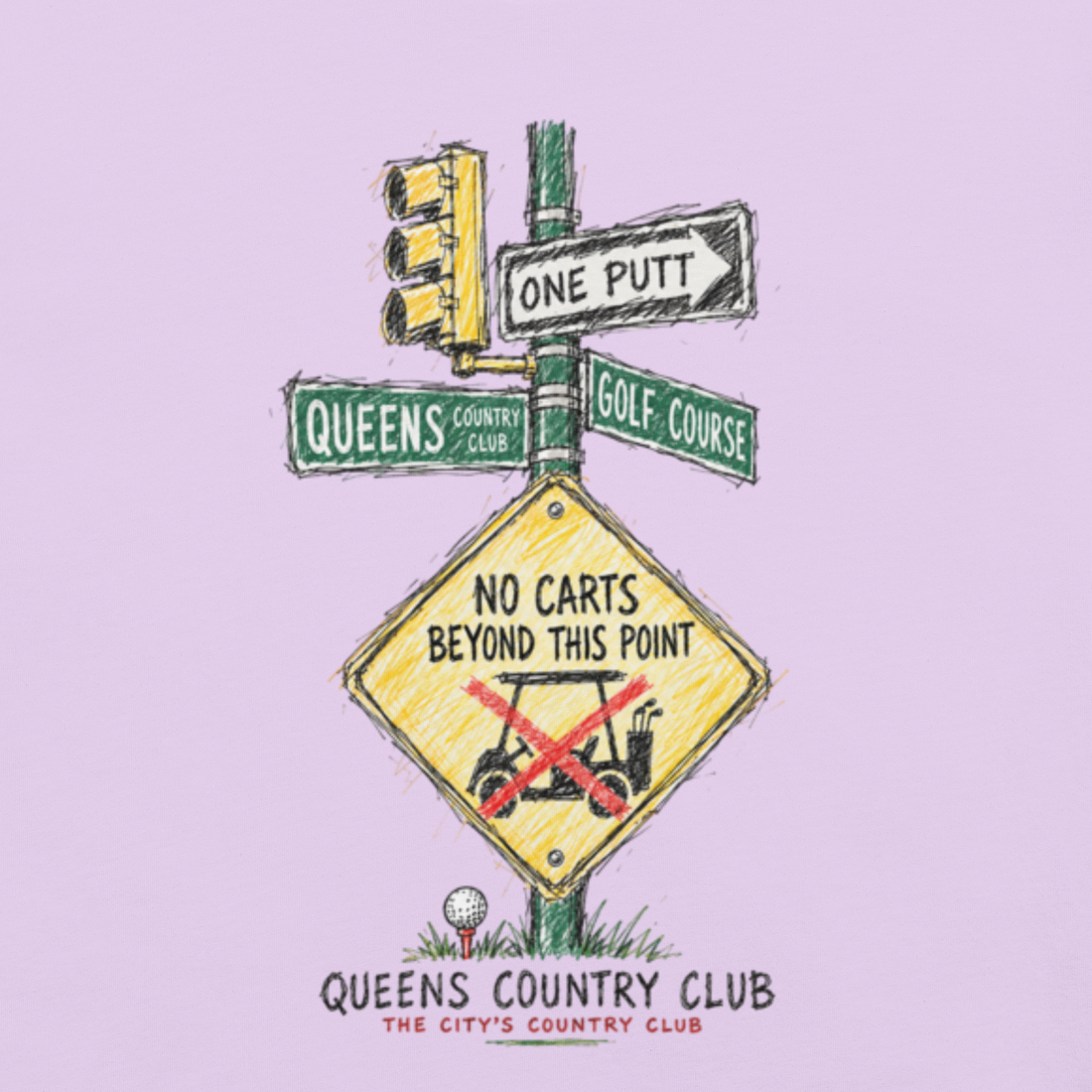 QCC No Carts Beyond This Point Tee in Orchid, back view showing No Carts Beyond This Point sign and traffic-light illustration.