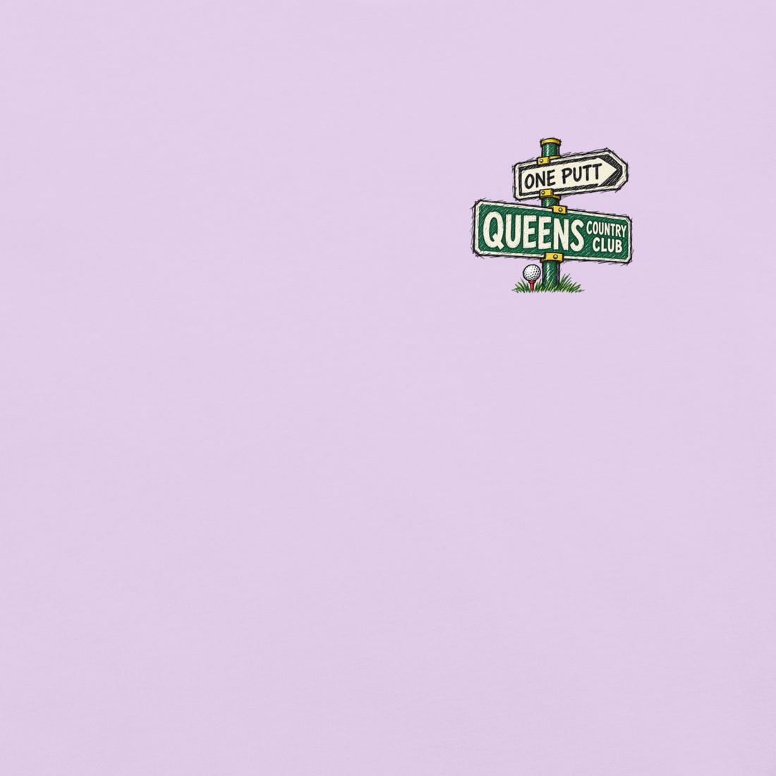 QCC No Carts Beyond This Point Tee in Orchid, front view showing One Putt and Queens street-sign chest graphic.