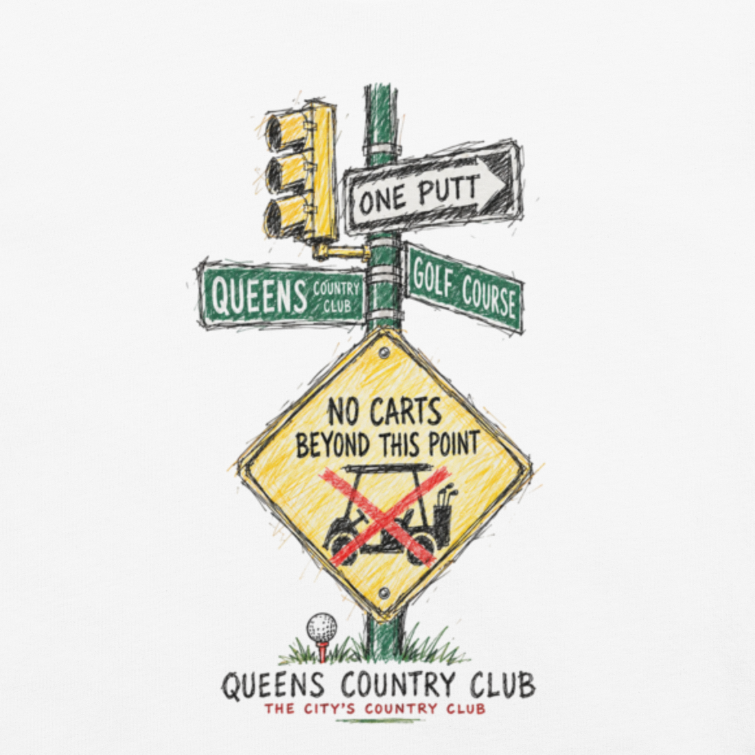 QCC No Carts Beyond This Point Tee in White, back view showing No Carts Beyond This Point sign and traffic-light illustration.