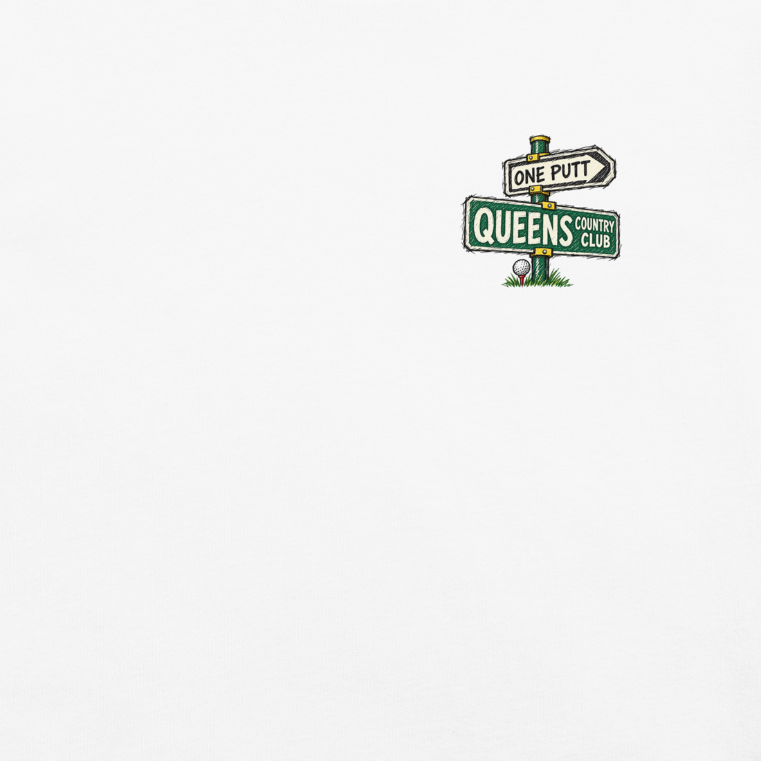 QCC No Carts Beyond This Point Tee in White, front view showing One Putt and Queens street-sign chest graphic.