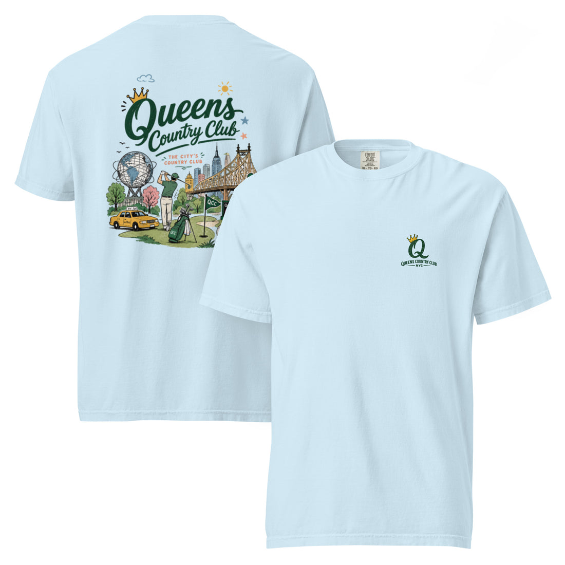 Chambray Queens Country Club Cityscape Tee featuring the QCC skyline golf graphic, front-and-back product mockup
