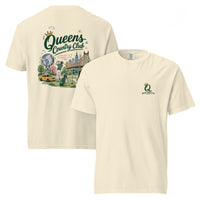 Ivory Queens Country Club Cityscape Tee featuring the QCC skyline golf graphic, front-and-back product mockup