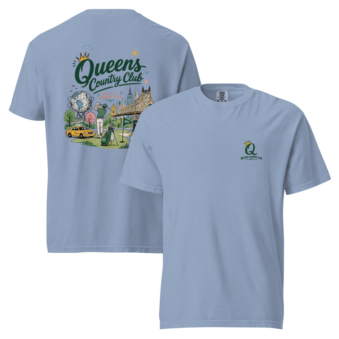 Washed Denim Queens Country Club Cityscape Tee featuring the QCC skyline golf graphic, front-and-back product mockup