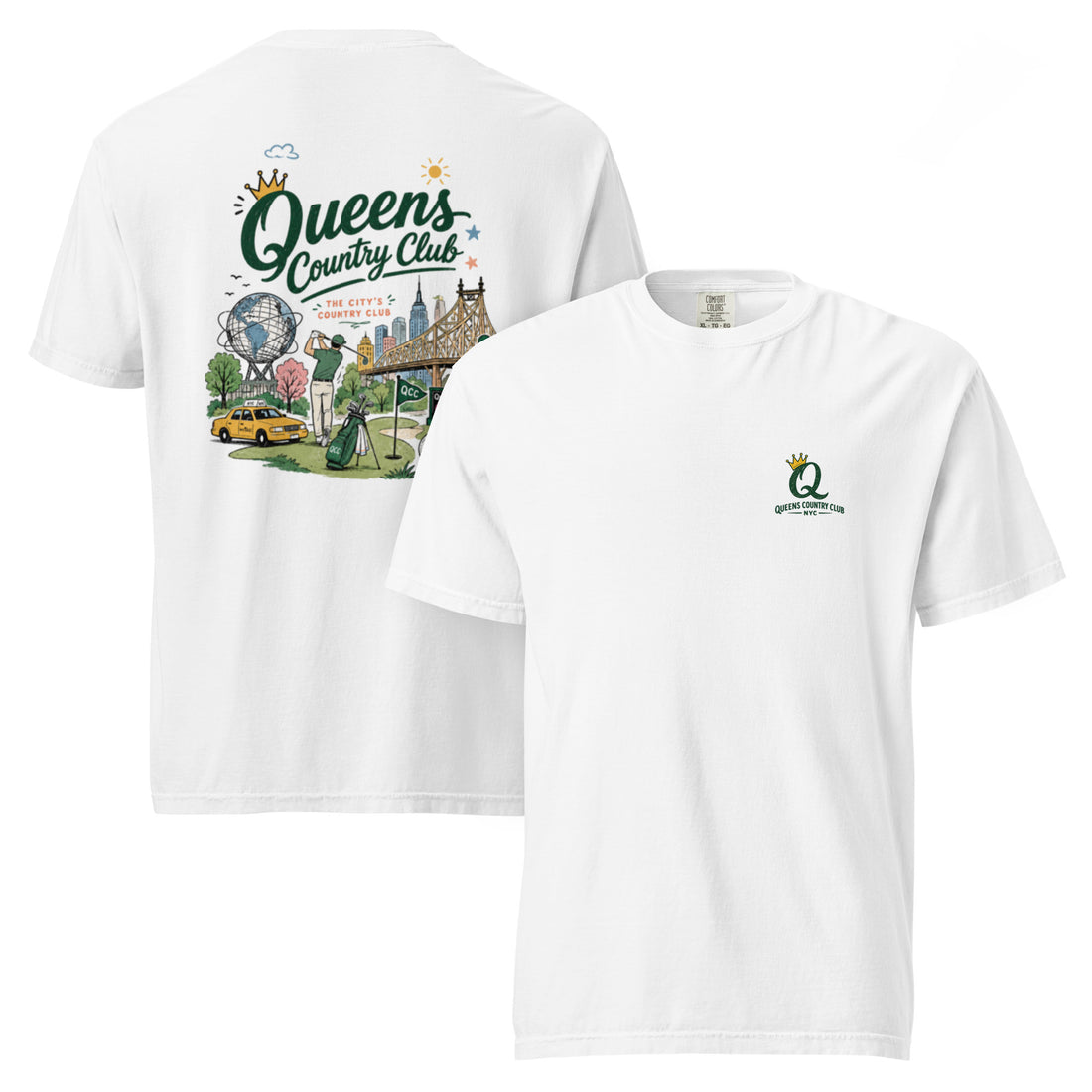 White Queens Country Club Cityscape Tee featuring the QCC skyline golf graphic, front-and-back product mockup